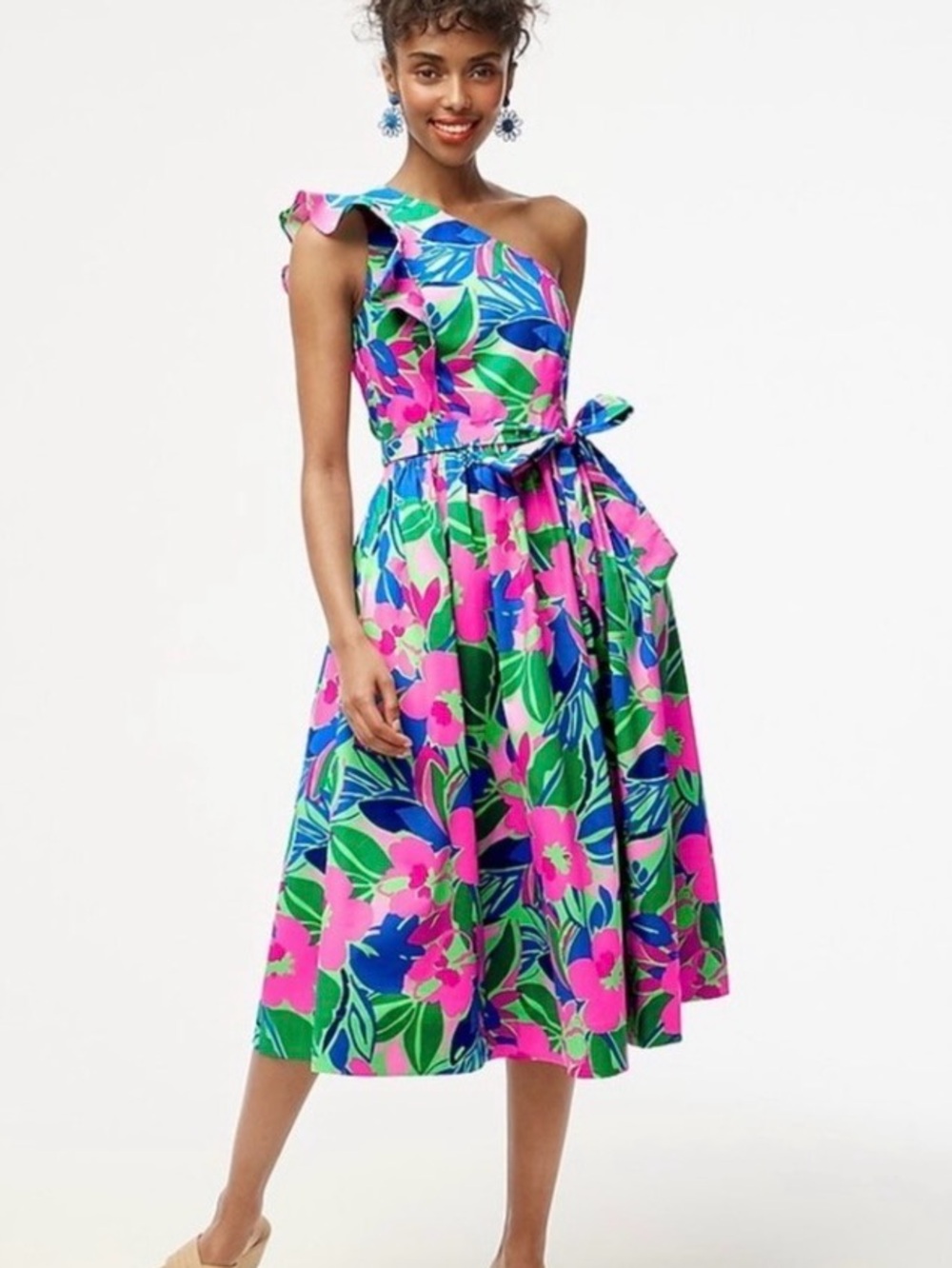 J.Crew One-Shoulder Floral Midi Dress in Pink & Green size 16